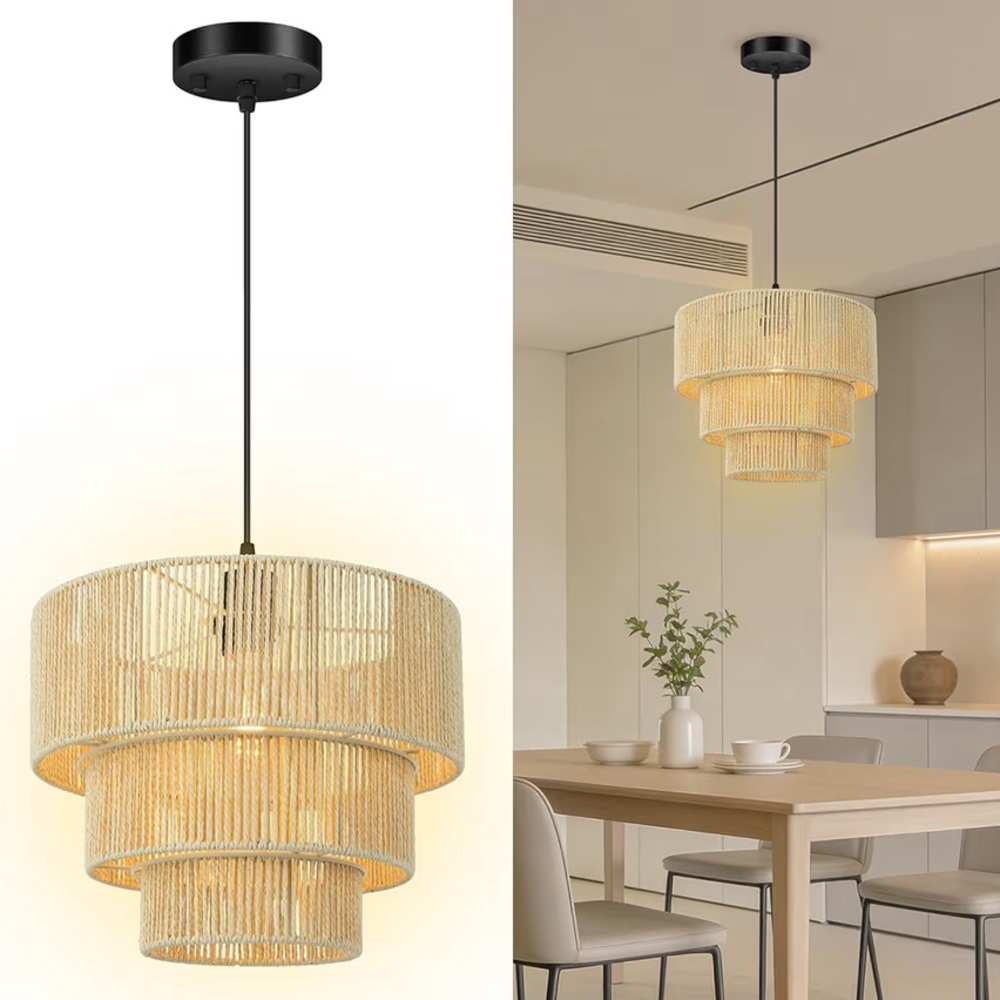 Boho Rattan Chandelier Light, 3- Tier Woven Lampshade 12.6" farmhouse chandelier